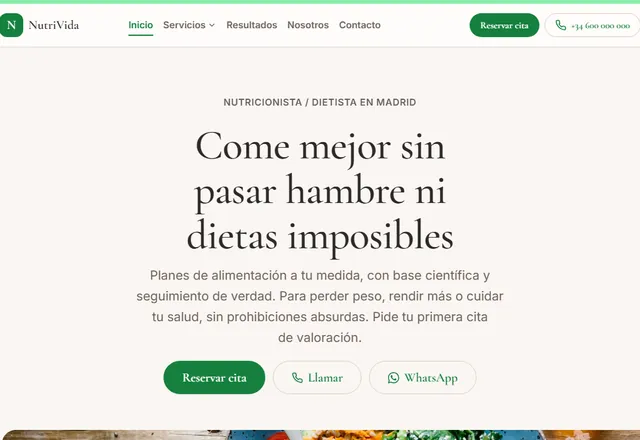 Web de ejemplo de una nutricionista: portada con cita online